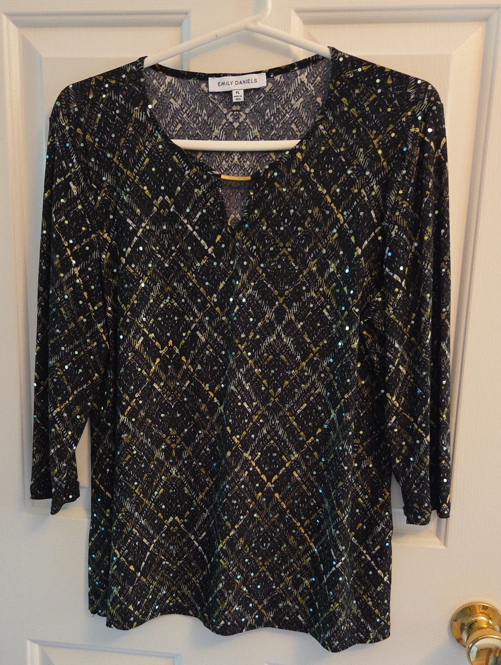 Emily Daniels Black Sparkle Plaid Lightweight V-Neck Blouse Size PL